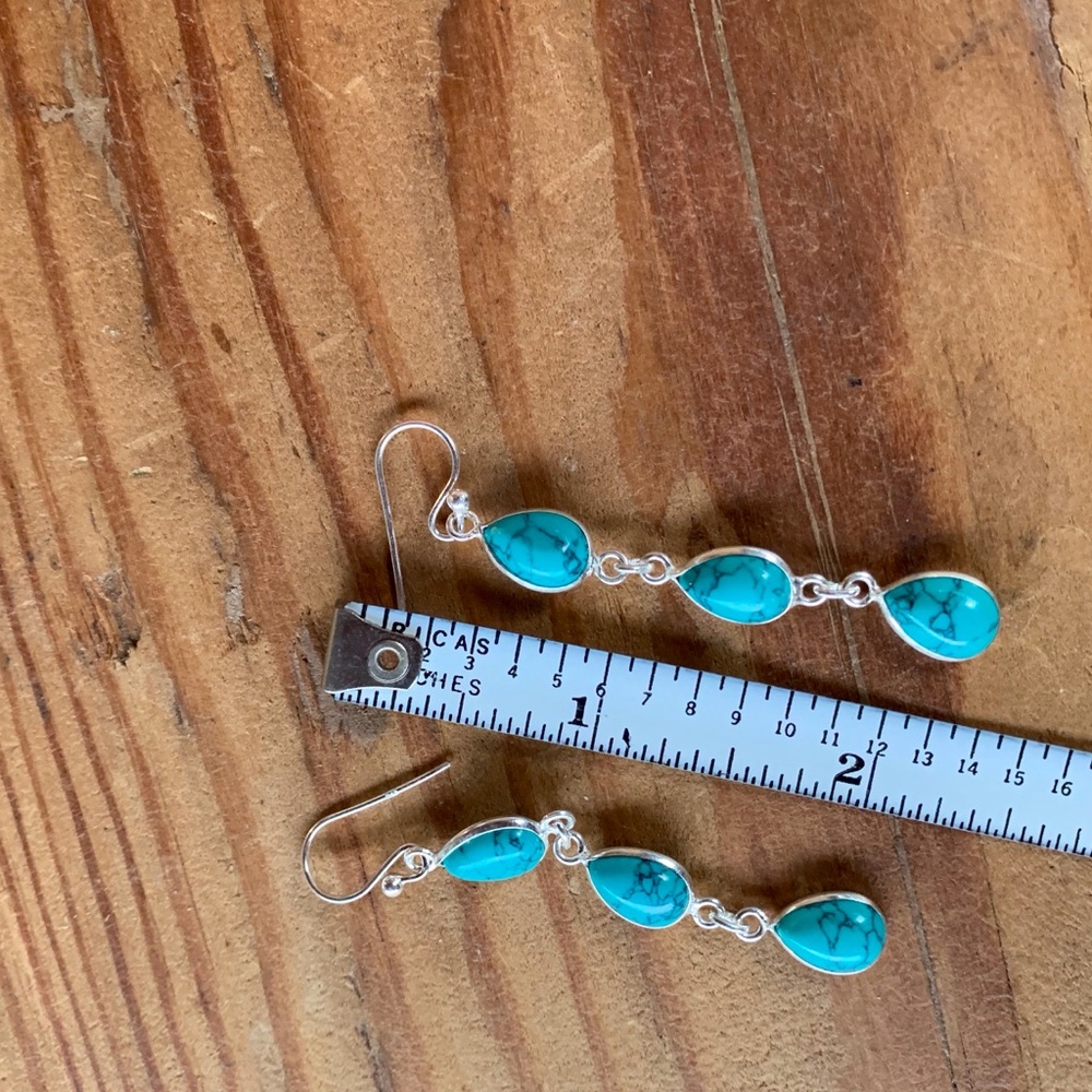 ✨TURQUOISE + STERLING 3-STONE DROP EARRINGS - Picture 7 of 8
